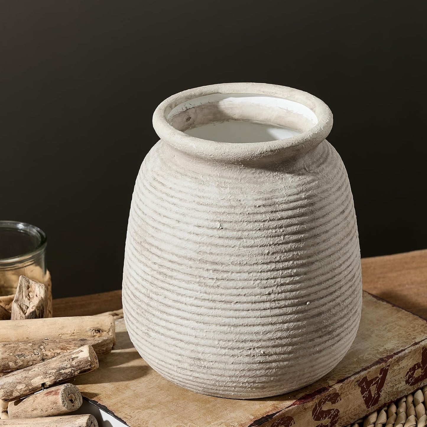 Ceramic Flower Vase, Small Rustic Farmhouse Vases Home Decor, Short Pottery Decorative Pampas Vase for Table Living Room Entryway Mantel Bookshelf Bedroom Bathroom Kitchen - 6" W