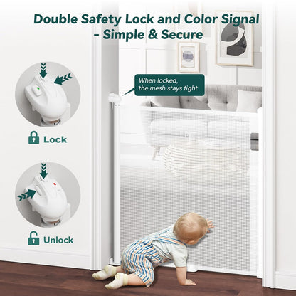 Babepai Retractable Baby Gates for Stairs, Retractable Dog Gate for Indoor/Outdoor Use | Child Gates for Doorways, Deck, Porch, Hallways, Patio (White, 55" Wide 34" Height)