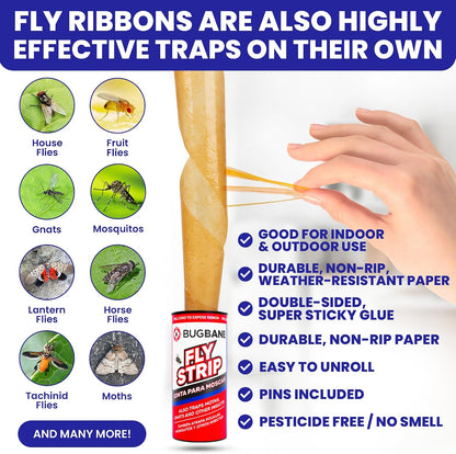 2 Fly Traps Outdoor Fly Trap for Patio with 4 Non-Toxic Dissolvable Bait Refills and 12 Sticky Ribbons. Reusable Hanging Bug Catcher Killer for All Filth Flies for Outside Bug Control Yard Ranch