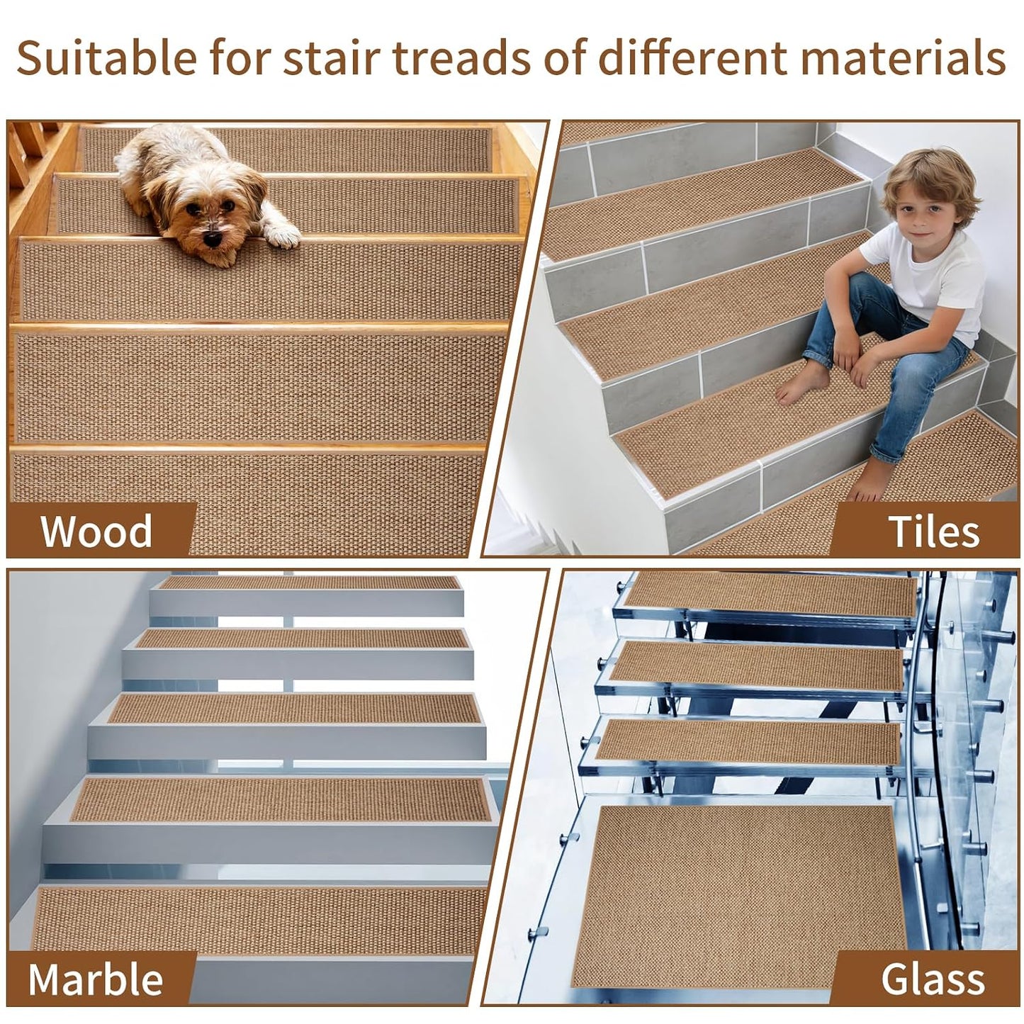 Carpet Stairs Runner for Wood Stairs, 30"x 30",Reusable Washable Self-Stick Stair Treads, for Indoor Steps, Non Slip for Kids Elders and Pets Stair Mats Residue Free, Beige 1-Pack