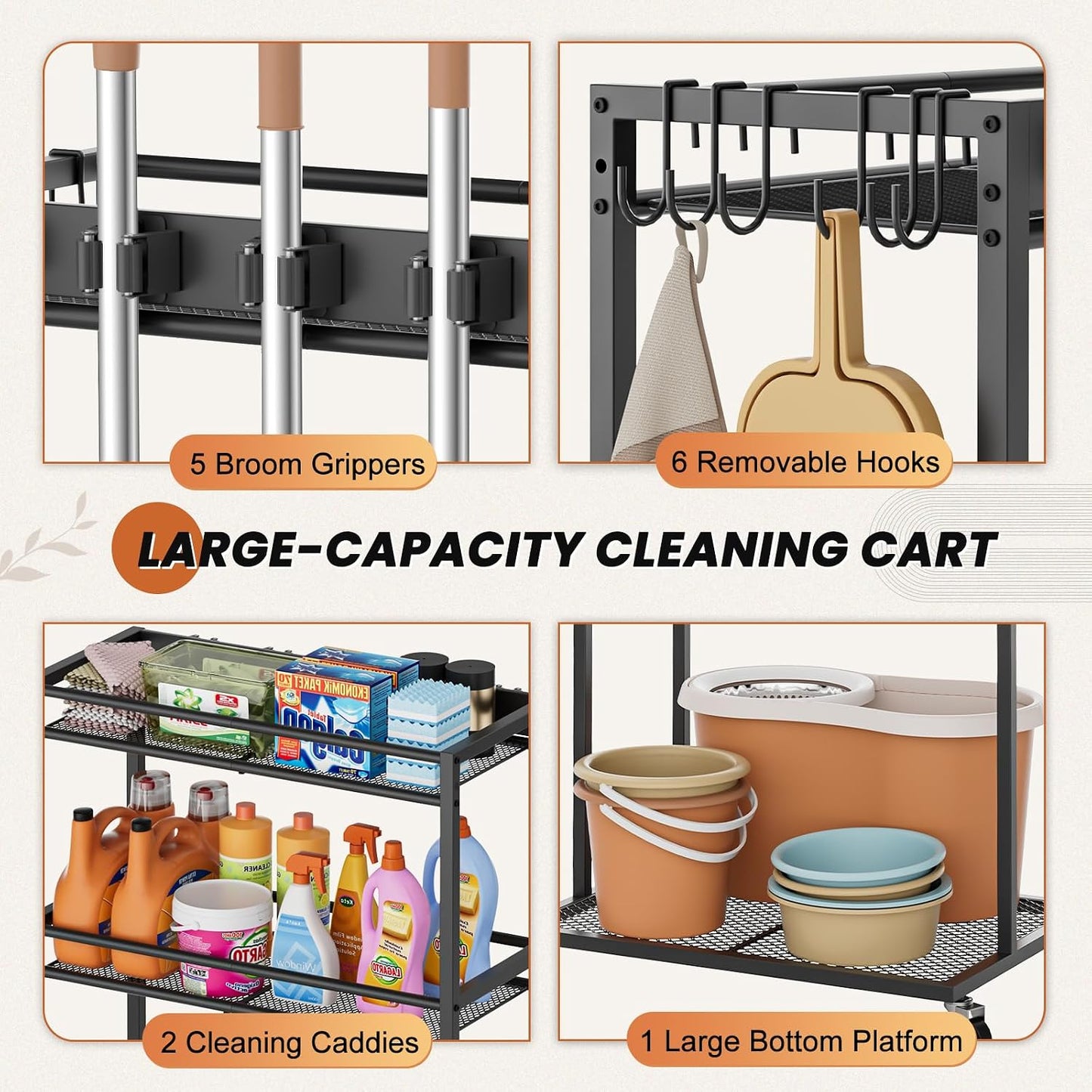 Olakee Taller Broom Holder with Cleaning Supplies Organizer, Broom Closet Storage Cabinet with Mop Hanger Gripper Rack Hooks, Housekeeping Janitorial Cart with Cleaning Caddy, Garage Home Improvement