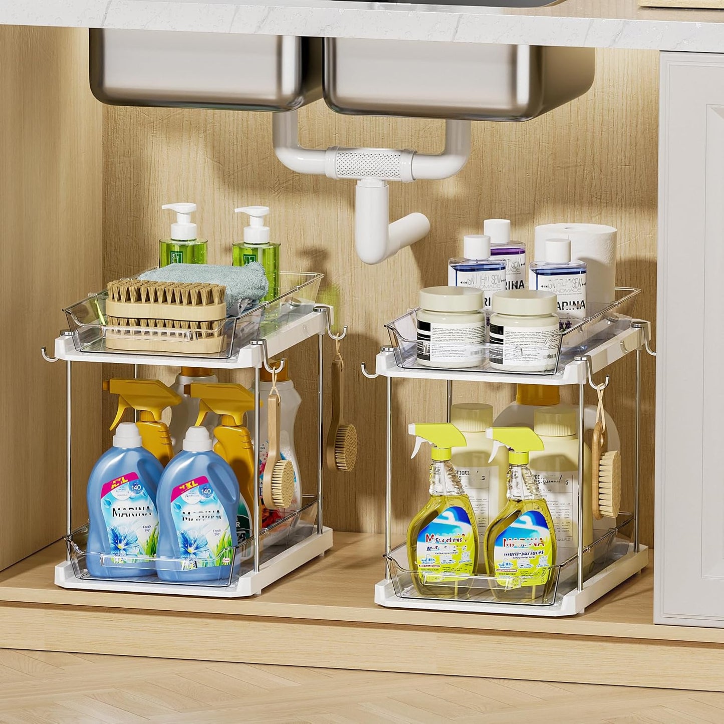 Delamu 2 Tier Under Sink Organizer Bathroom, Bathroom Cabinet Organizer with Snap-Lock Design and Hooks, Pull Out Storage with Movable Dividers, for Countertop, Kitchen and Pantry (Clear, 2 Pack)