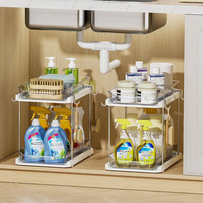 Delamu 2 Tier Under Sink Organizer Bathroom, Bathroom Cabinet Organizer with Snap-Lock Design and Hooks, Pull Out Storage with Movable Dividers, for Countertop, Kitchen and Pantry (Clear, 2 Pack)