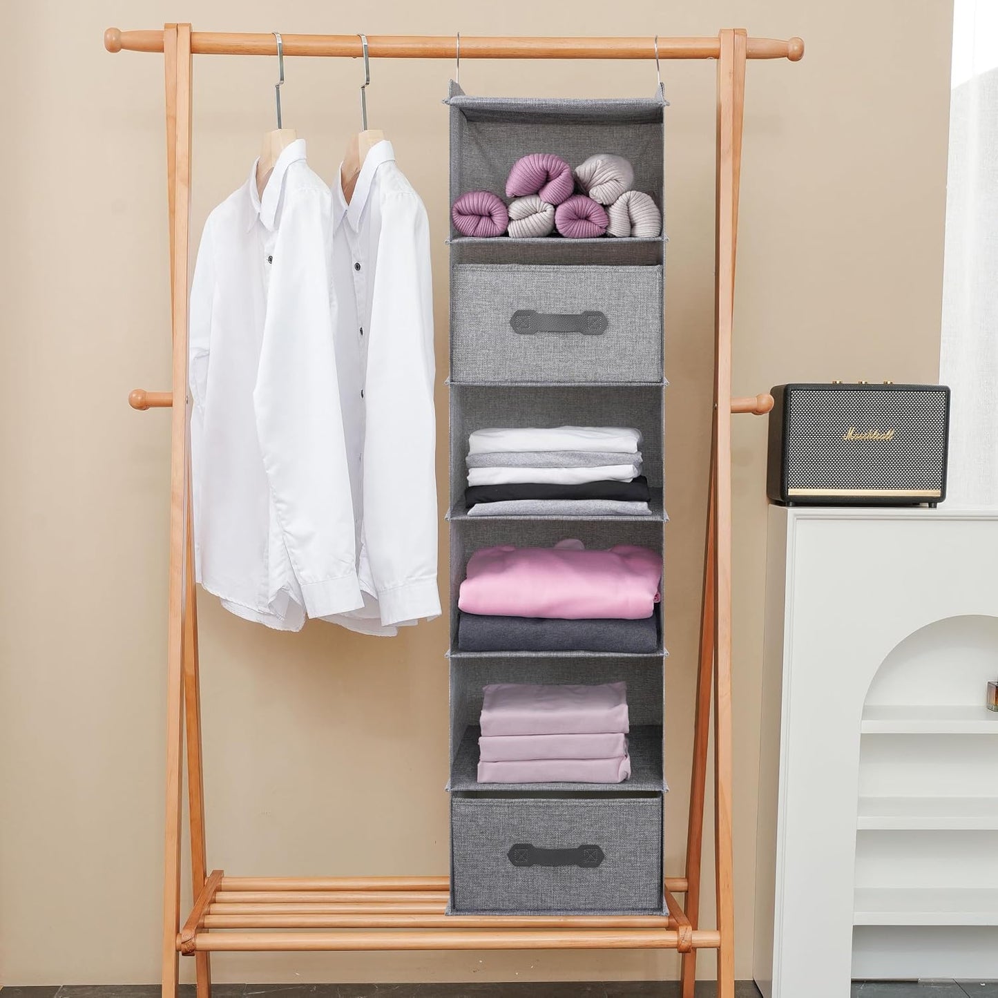 Large Hanging Sweater Organizer for Closet,Collapsible 6-Shelf Hanging Closet Shelves with Drawers, Washable (Grey-6 Shelf)