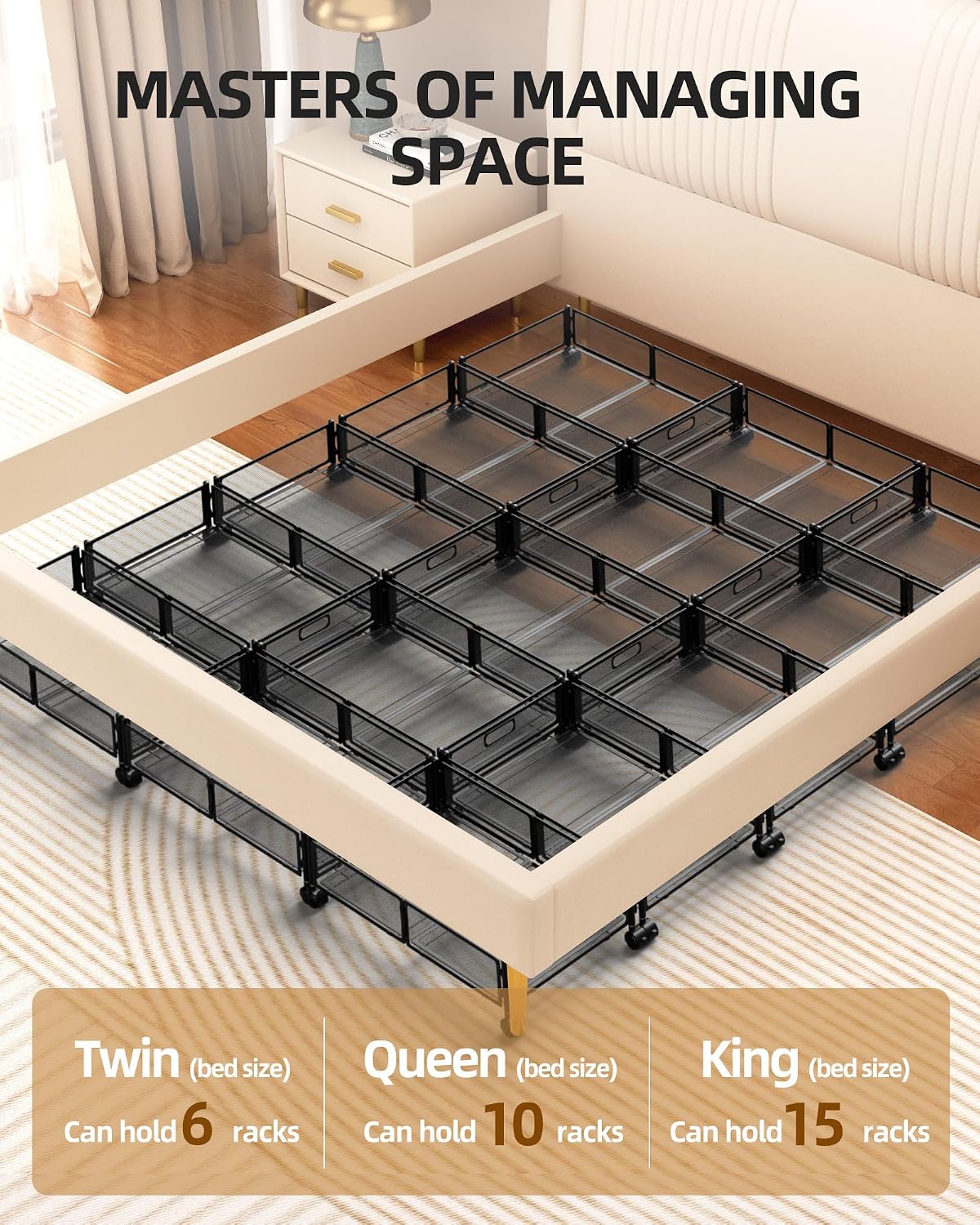 Under Bed Storage with Wheels, Foldable Metal Under Bed Storage Containers, 60L Rolling Underbed Storage, Easy Assembly Under The Bed Storage for Bedroom Clothes Shoes Blankets