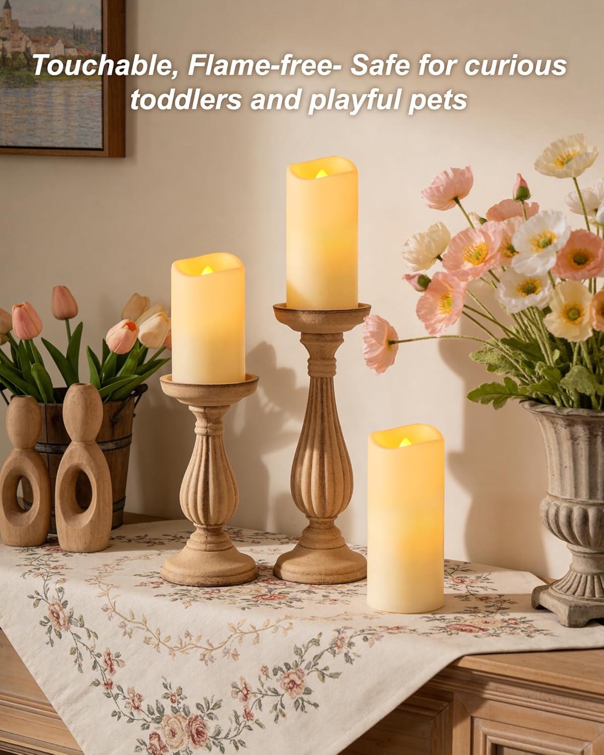 Raycare Outdoor Waterproof Flameless Candles, Battery Operated LED Electric Candles with Remote and Timers, Fake Pillar Candle for Patio, Porch, and Wedding Decor, Ivory, Set of 3(3"x4" 5" 6")