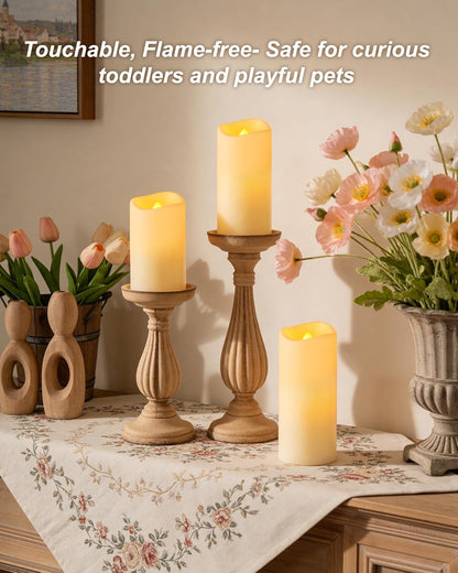 Raycare Outdoor Waterproof Flameless Candles, Battery Operated LED Electric Candles with Remote and Timers, Fake Pillar Candle for Patio, Porch, and Wedding Decor, Ivory, Set of 3(3"x4" 5" 6")