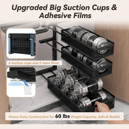 3-Tier Under Sink Organizer 2-Pack Thickened Metal Pull out Cabinet Shelf Height Adjustable Slide Out Drawer Storage Rack for Bathroom Kitchen Pantry Laundry Home Office Organization (Black)