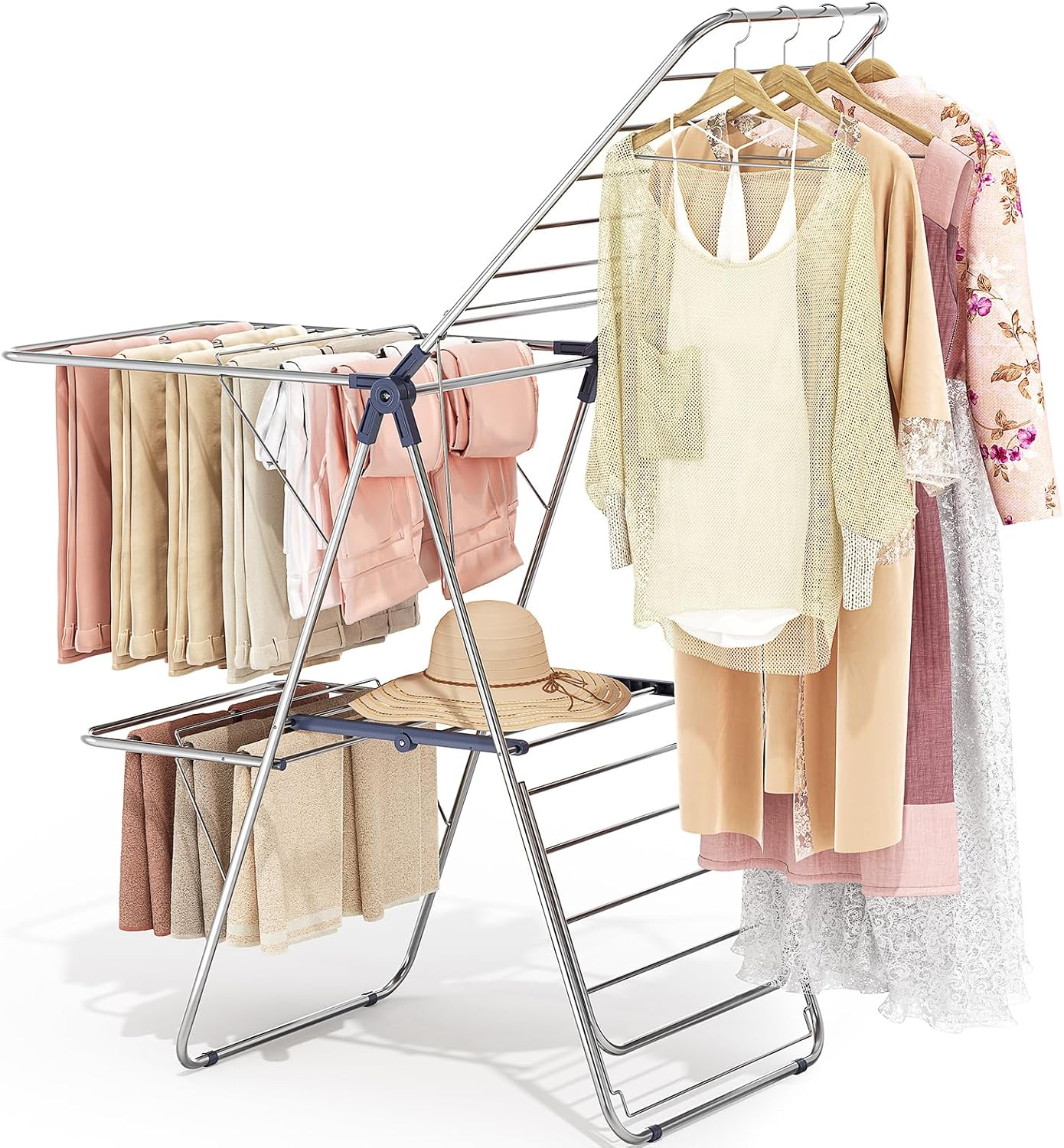 APEXCHASER Large Stainless Steel Clothes Drying Rack, Drying Rack Clothing with Height-Adjustable, Foldable Gullwings Laundry Rack, Indoor Outdoor Use, No Assembly,Black