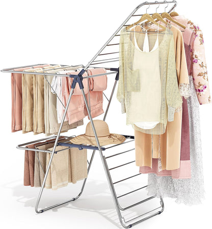 APEXCHASER Large Stainless Steel Clothes Drying Rack, Drying Rack Clothing with Height-Adjustable, Foldable Gullwings Laundry Rack, Indoor Outdoor Use, No Assembly,Black