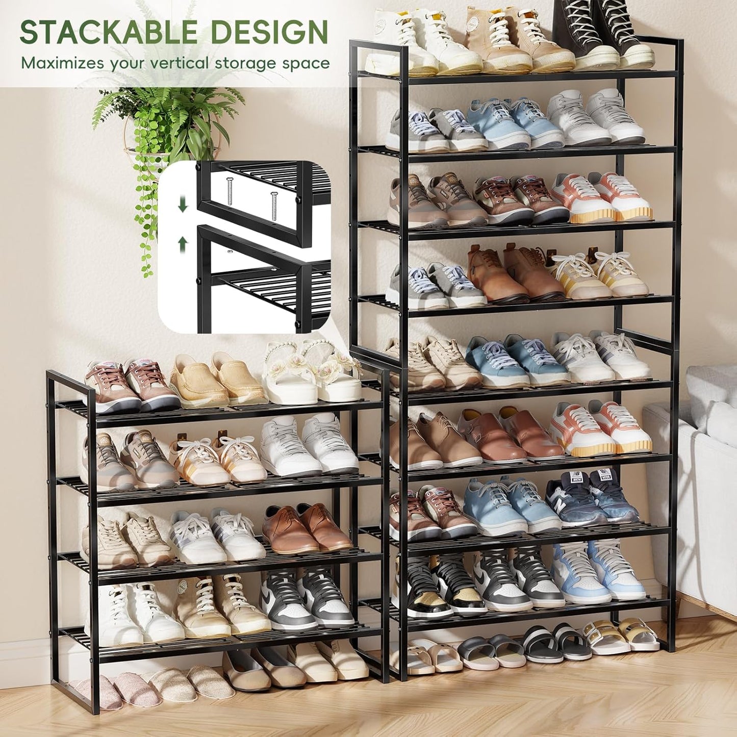 5-Tier Wide Shoe Rack, Metal Shoe Organizer for Closet, Stackable Freestanding Shoe Storage Shelf with Sturdy Wire Grid, Large Capacity Durable Shoe Rack for Entryway Bedroom, Black