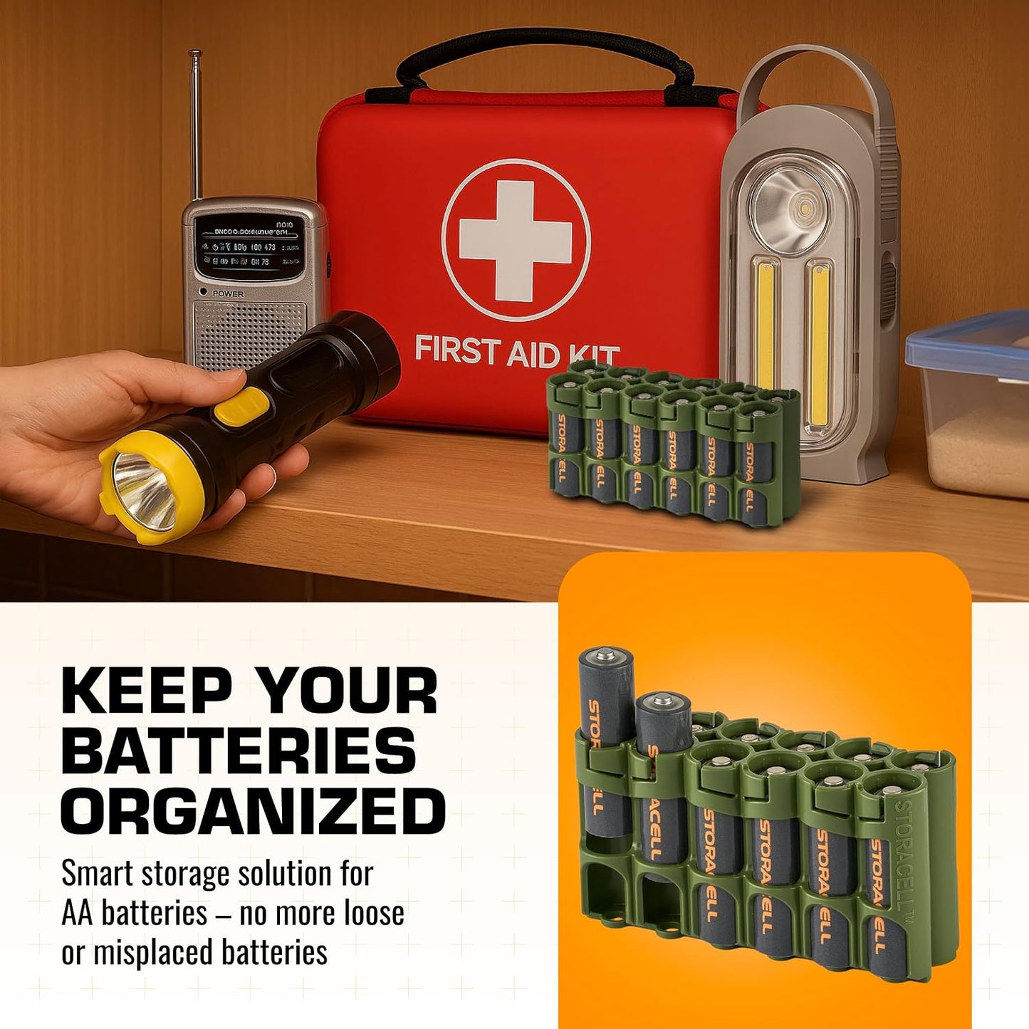 AA Battery Storage Caddy by Storacell, Orange, Holds 12 Batteries (Not included)