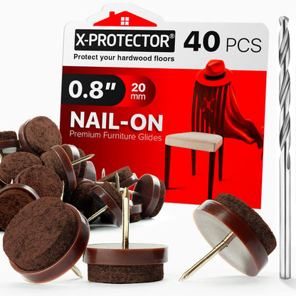 Nail-on Felt Pads X-PROTECTOR 40 PCS - 0.85" Felt Furniture Pads - Brown Chair Leg Floor Protectors - Nail in Furniture Pads for Furniture Legs - The Best Felt Chair Pads for Hardwood Floors (22mm)!