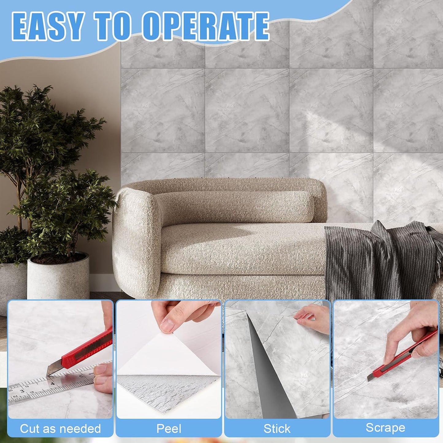 Nuanchu 36 Pcs Peel and Stick Shower Waterproof Tiles Wall Panels 12 x 12 Inch Self Adhesive Backsplash with Ruler Knife & 2 Scrapers for Washroom Bathroom Living Room, Not Real Tile (Grey Marble)