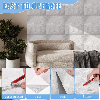 Nuanchu 36 Pcs Peel and Stick Shower Waterproof Tiles Wall Panels 12 x 12 Inch Self Adhesive Backsplash with Ruler Knife & 2 Scrapers for Washroom Bathroom Living Room, Not Real Tile (Grey Marble)