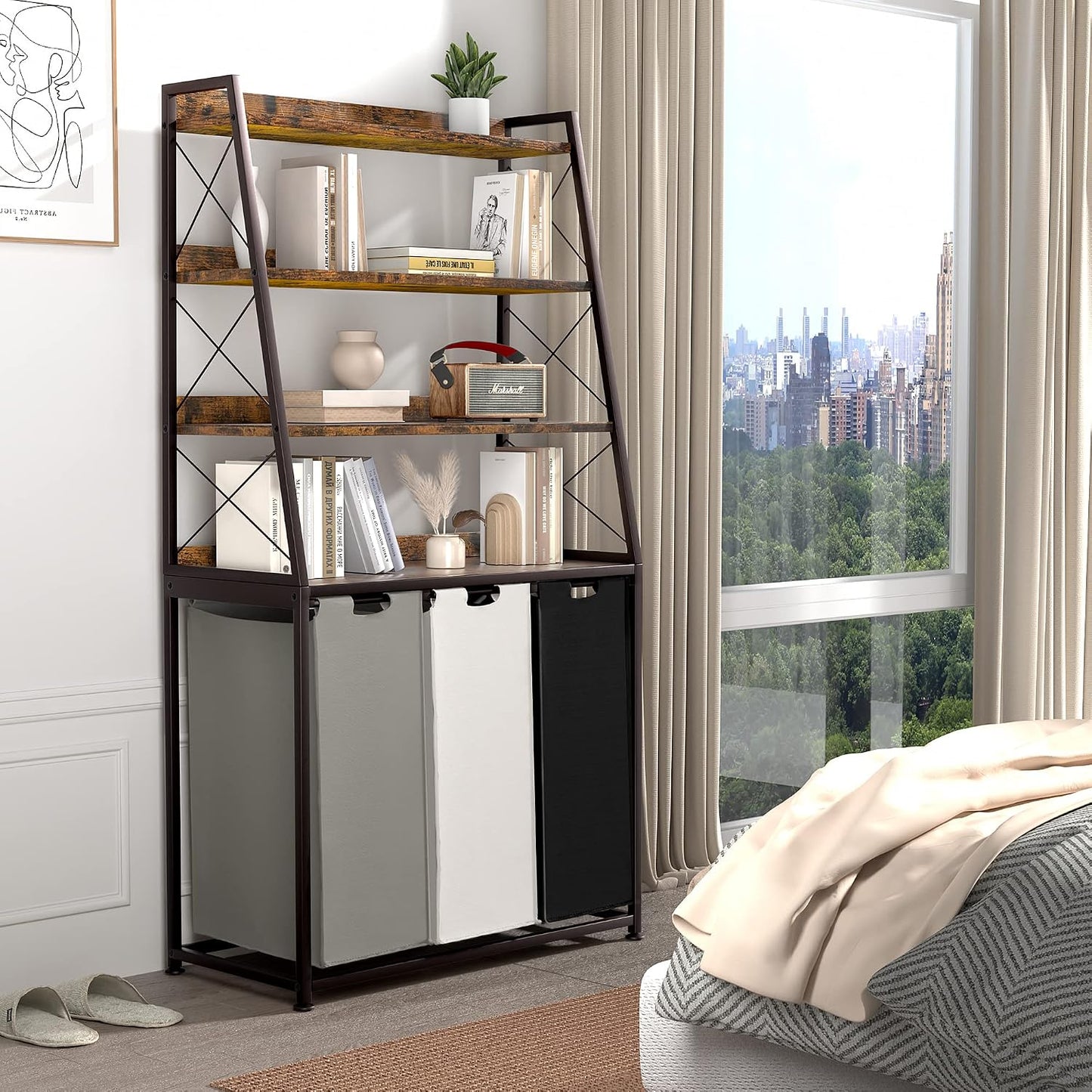 Herture Laundry Basket, 3 Section Laundry Hamper with 4 Tiers Shelf, Pull-Out and Removable Laundry Bags, Large 3 x 15.87 Gallons, for Laundry Room Bathroom Rustic Brown PF05XLN