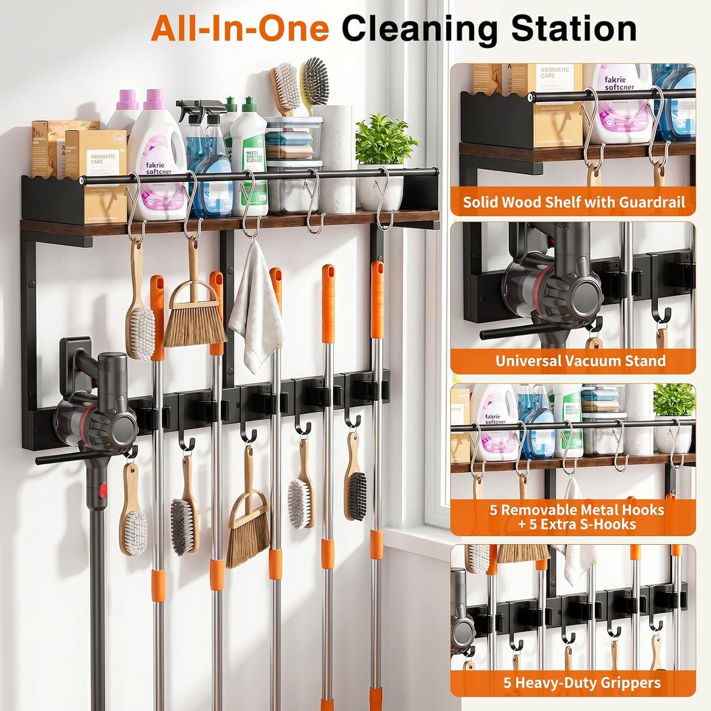Broom Holder Wall Mount, Heavy Duty Broom and Mop Organizer Wall Hanging with Vacuum Stand, 5 Grippers & 10 Hooks, Utility Racks with Wood Shelf & Guard, Laundry Organization & Storage (S)