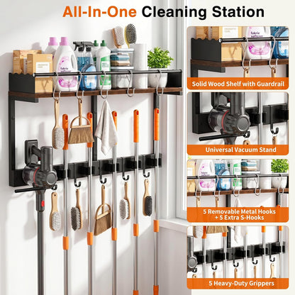 Broom Holder Wall Mount, Heavy Duty Broom and Mop Organizer Wall Hanging with Vacuum Stand, 5 Grippers & 10 Hooks, Utility Racks with Wood Shelf & Guard, Laundry Organization & Storage (S)