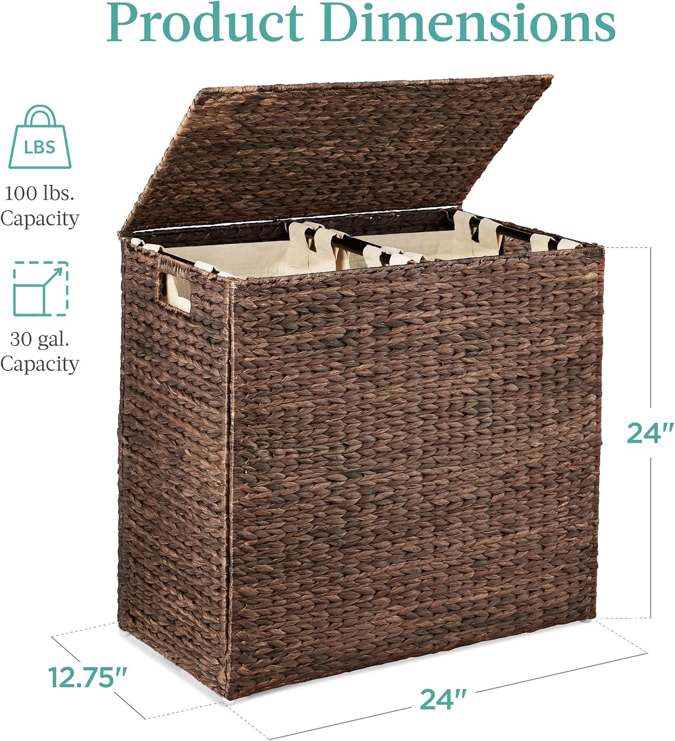 Best Choice Products Large Double Laundry Hamper with Lid, Natural Handwoven Water Hyacinth, 2 Sections w/ 2 Machine Washable Linen Liner Bags, Portable, Handles - Natural