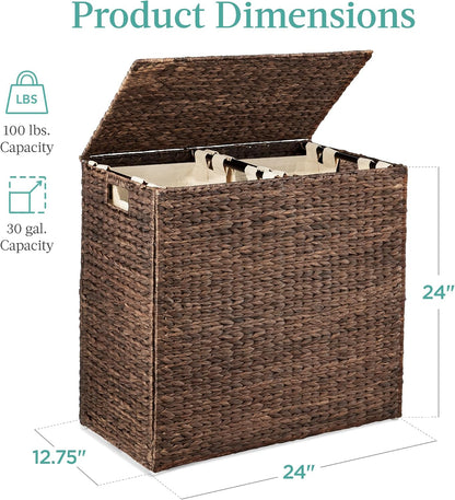 Best Choice Products Large Double Laundry Hamper with Lid, Natural Handwoven Water Hyacinth, 2 Sections w/ 2 Machine Washable Linen Liner Bags, Portable, Handles - Natural