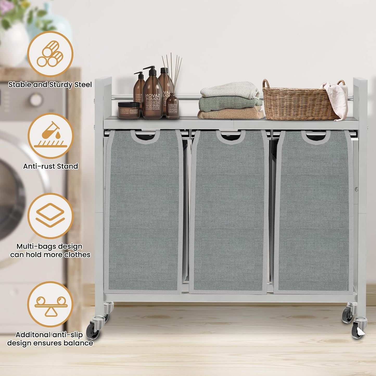 SwaaVee Laundry Sorter, Laundry Hamper 3 Section, 3×11.4Gal, Metal Frame Rolling Laundry Basket with Wooden Top Shelf, Pull out and Removable Laundry Bags, 3 Bags-Gray