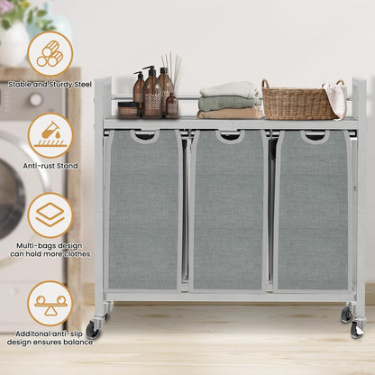 SwaaVee Laundry Sorter, Laundry Hamper 3 Section, 3×11.4Gal, Metal Frame Rolling Laundry Basket with Wooden Top Shelf, Pull out and Removable Laundry Bags, 3 Bags-Gray