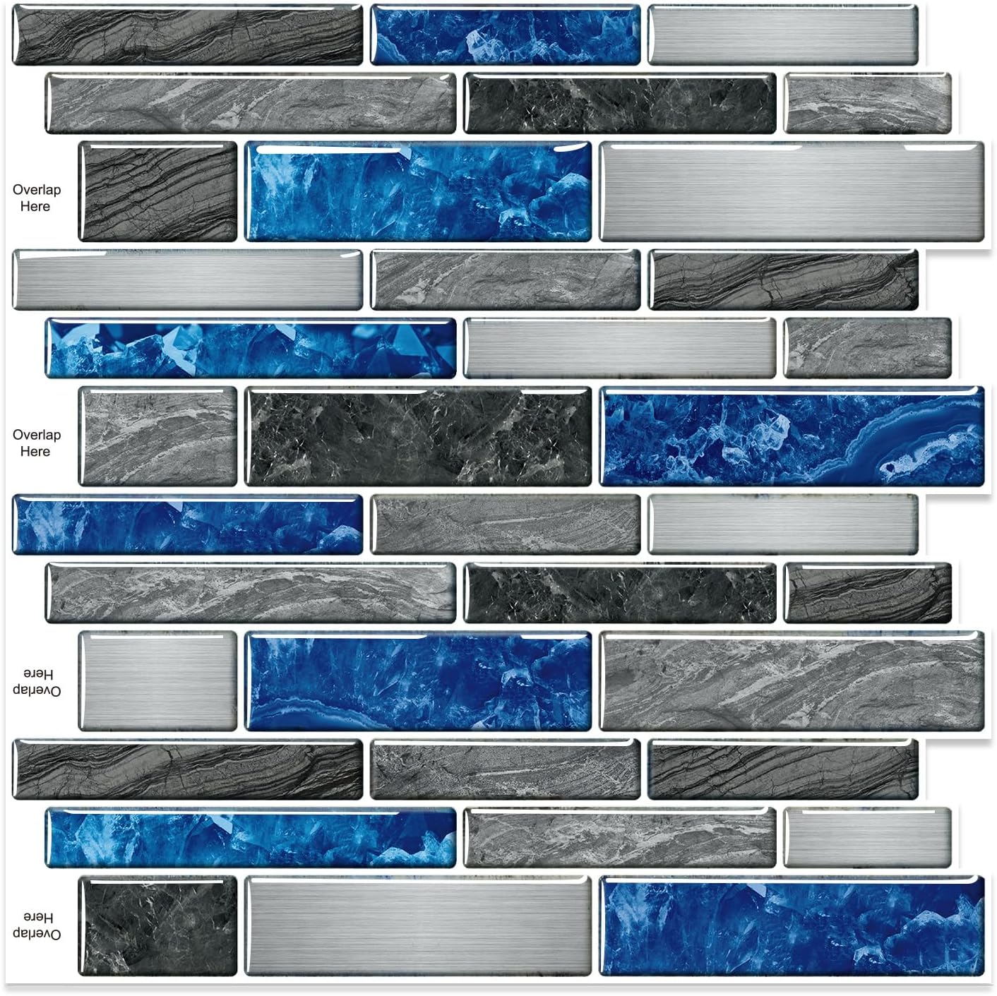 10 Sheets Peel and Stick Backsplash, Peel and Stick Tiles, Marble Look Wall Tiles Backsplash for Kitchen and Bathroom, Livingroom, 12”x12”,Blue&Grey
