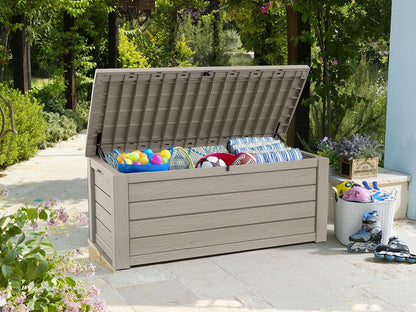 Keter 150 Gallon Resin Large Deck Box Organization and Storage Box for Patio, Outdoor Cushions, Garden Tools, Brown | Hydraulic Pistons, Resin, Weatherproof