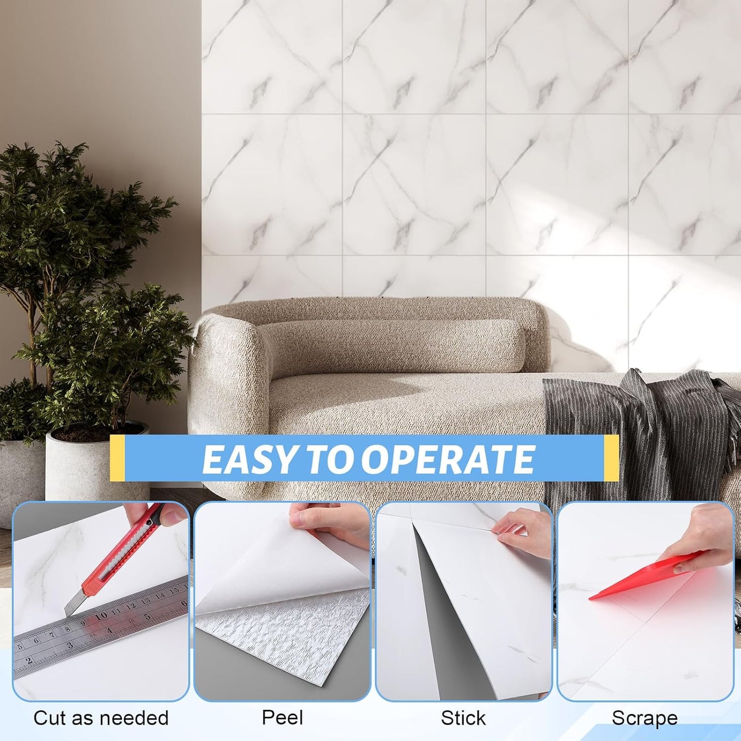 Nuanchu 36 Pcs Peel and Stick Shower Waterproof Tiles Wall Panels 12 x 12 Inch Self Adhesive Backsplash with Ruler Knife & 2 Scrapers for Washroom Bathroom Living Room, Not Real Tile (Grey Marble)