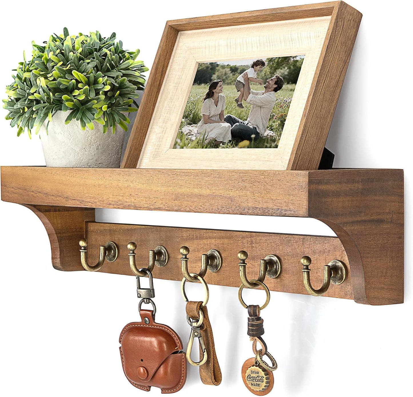 Rebee Vision Farmhouse Key Holder for Wall - Decorative Wooden Mail Organizer with 5 Rustic Key Hooks and Floating Shelf for Home Decor, Hallway, Entryway, Appartment (Retro Brown)