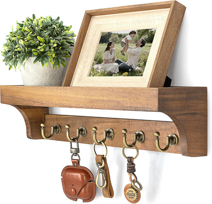 Rebee Vision Farmhouse Key Holder for Wall - Decorative Wooden Mail Organizer with 5 Rustic Key Hooks and Floating Shelf for Home Decor, Hallway, Entryway, Appartment (Retro Brown)