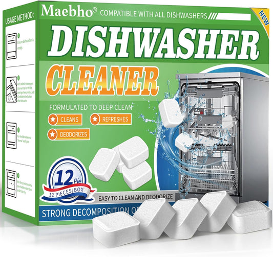 Dishwasher Cleaner and Deodorizer Tablets-12 Pack, Heavy Duty Deep Cleaning Descaler Pods for Dish Washer Machine, Removes Limescale, Odor, Grease, and Hard Water Stains, Septic Safe