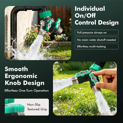 Restmo Heavy Duty 2 Way Y Garden Hose Splitter, Full Metal Body Full Flow Hose Splitter with Oversized Ball Valve, Extended Lever 3/4" GHT Outdoor Faucet Spigot Adapter for Garden Watering RV, Green