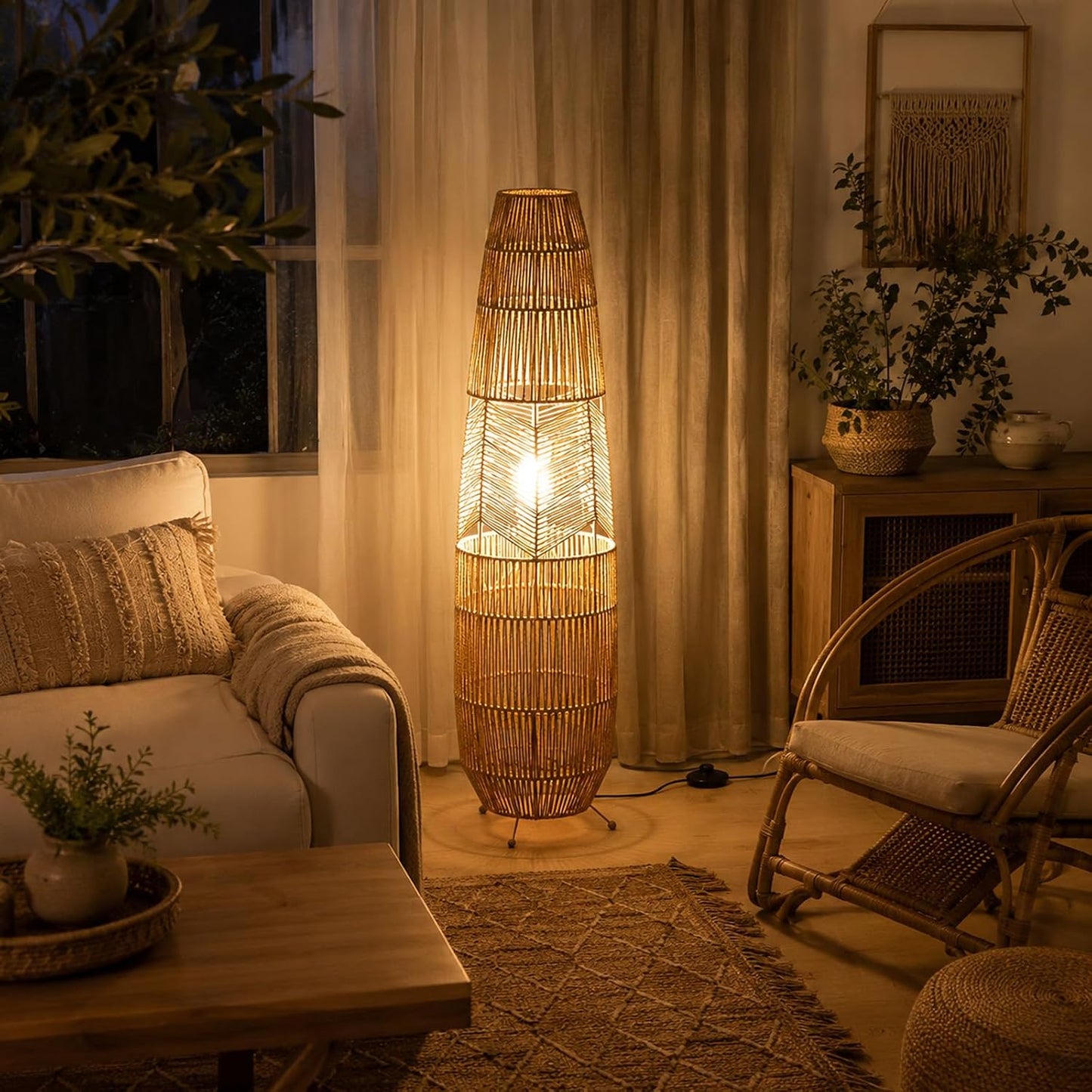 MIXL-Farmhouse Style Bamboo Floor Lamp,Large Wicker Indoor Floor Light,Boho Standing Light Plug in,Modern Minimalist Standing Lamp for Living Room Bedroom