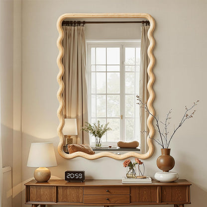 Full Length Mirror, 55"x28" Boho Wavy Wood Floor Mirror, for Bathroom, Bedroom, Living Room, Cloakroom, Entryway