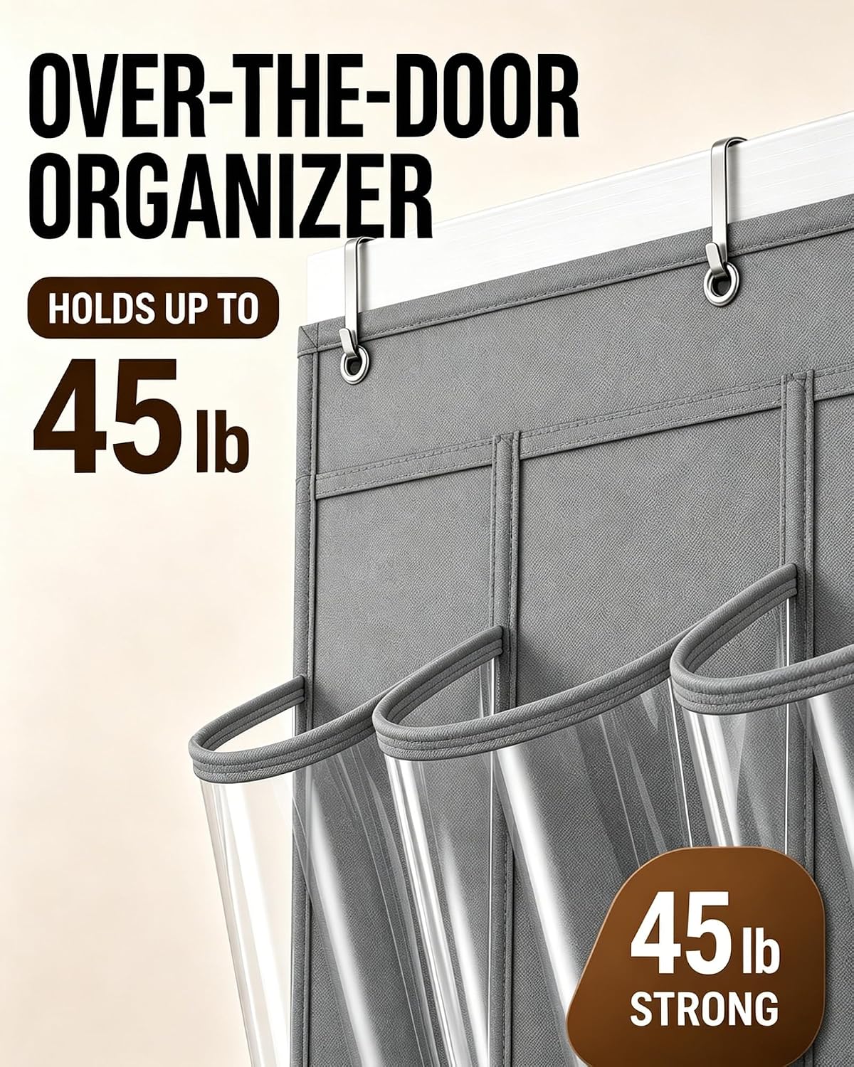 Over the Door Shoe Organizer with 24 Crystal Clear Pockets and Metal Hooks – Heavy Duty Hanging Shoe Storage Rack for Closet, Bathroom, Dorm – Space Saving for Shoes, Accessories, Toys (White)