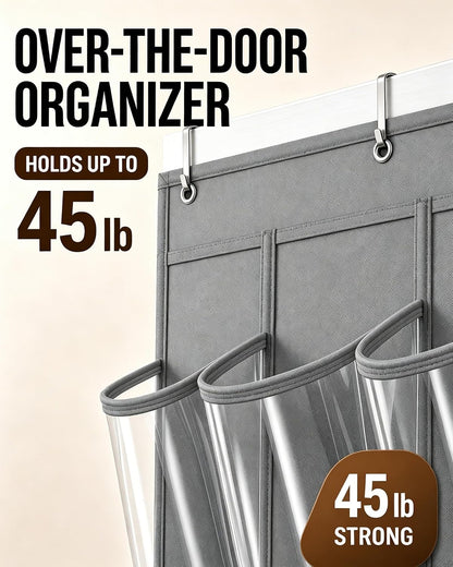 Over the Door Shoe Organizer with 24 Crystal Clear Pockets and Metal Hooks – Heavy Duty Hanging Shoe Storage Rack for Closet, Bathroom, Dorm – Space Saving for Shoes, Accessories, Toys (White)
