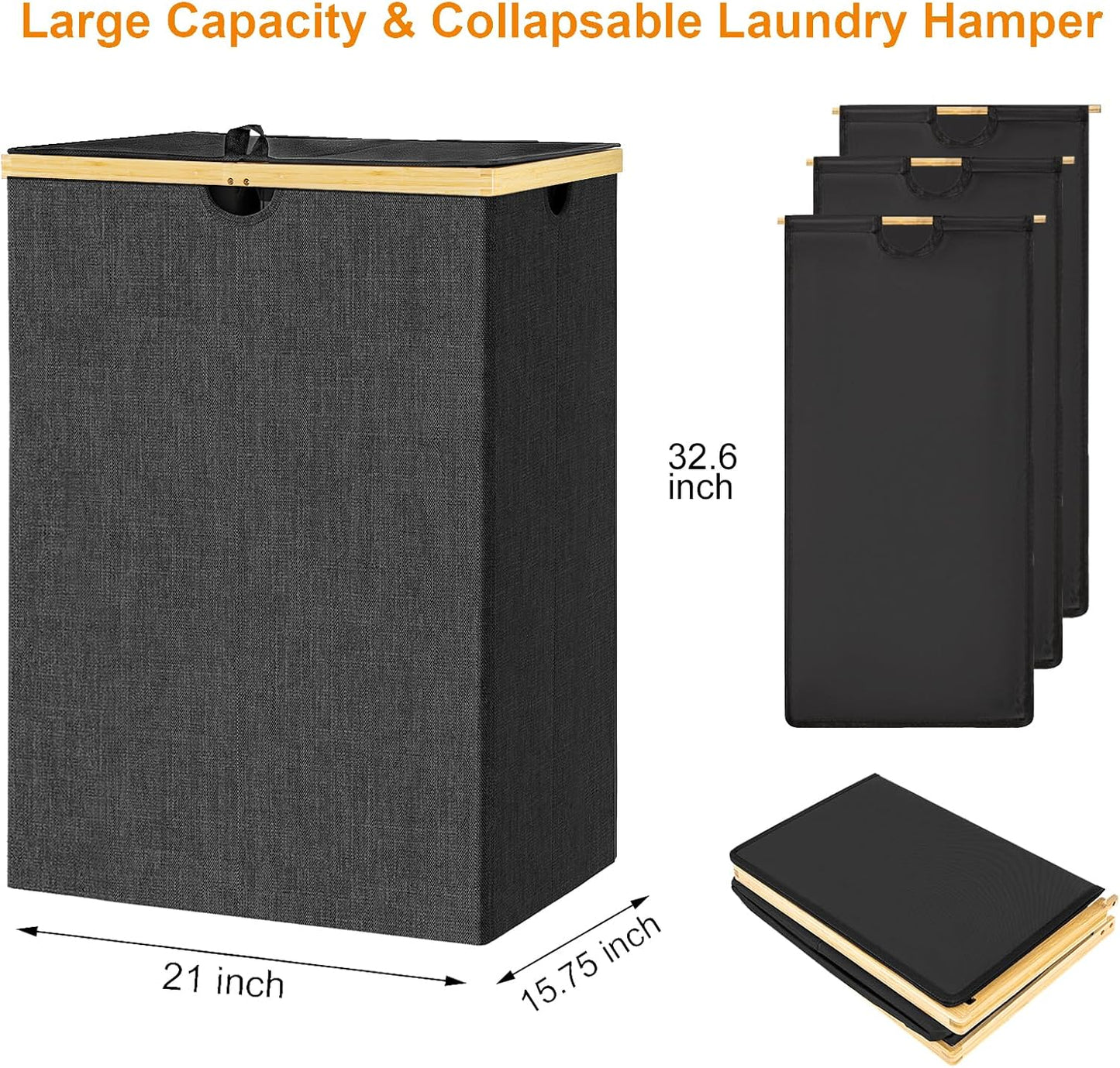 WOWLIVE 180L Laundry Hamper 3 Section, Bamboo Laundry Basket with lid, Extra Large Dirty Clothes Hamper with Removable Linner Bags, Laundry Bin Organizer Storage for Dorm Bedroom Bathroom, Beige