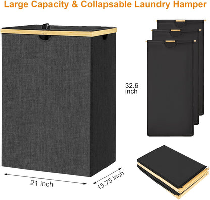 WOWLIVE 180L Laundry Hamper 3 Section, Bamboo Laundry Basket with lid, Extra Large Dirty Clothes Hamper with Removable Linner Bags, Laundry Bin Organizer Storage for Dorm Bedroom Bathroom, Beige