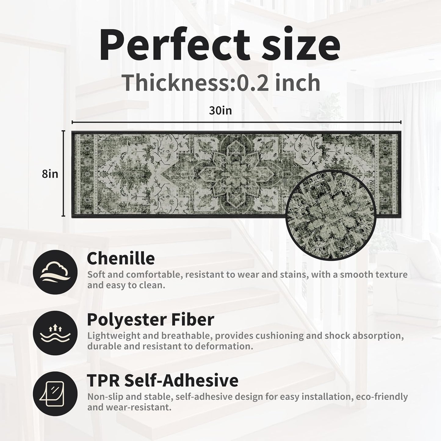 Non-Slip Carpet Stair Treads 15PCS, 8"x30" Peel and Stick Stair Runner for Wooden Steps Indoor, Washable Reusable Adhesive Backing, Pet-Friendly Safety Mats for Kids, Elders, Dogs