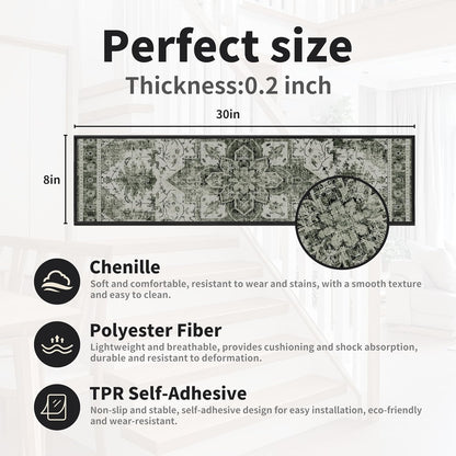 Non-Slip Carpet Stair Treads 15PCS, 8"x30" Peel and Stick Stair Runner for Wooden Steps Indoor, Washable Reusable Adhesive Backing, Pet-Friendly Safety Mats for Kids, Elders, Dogs