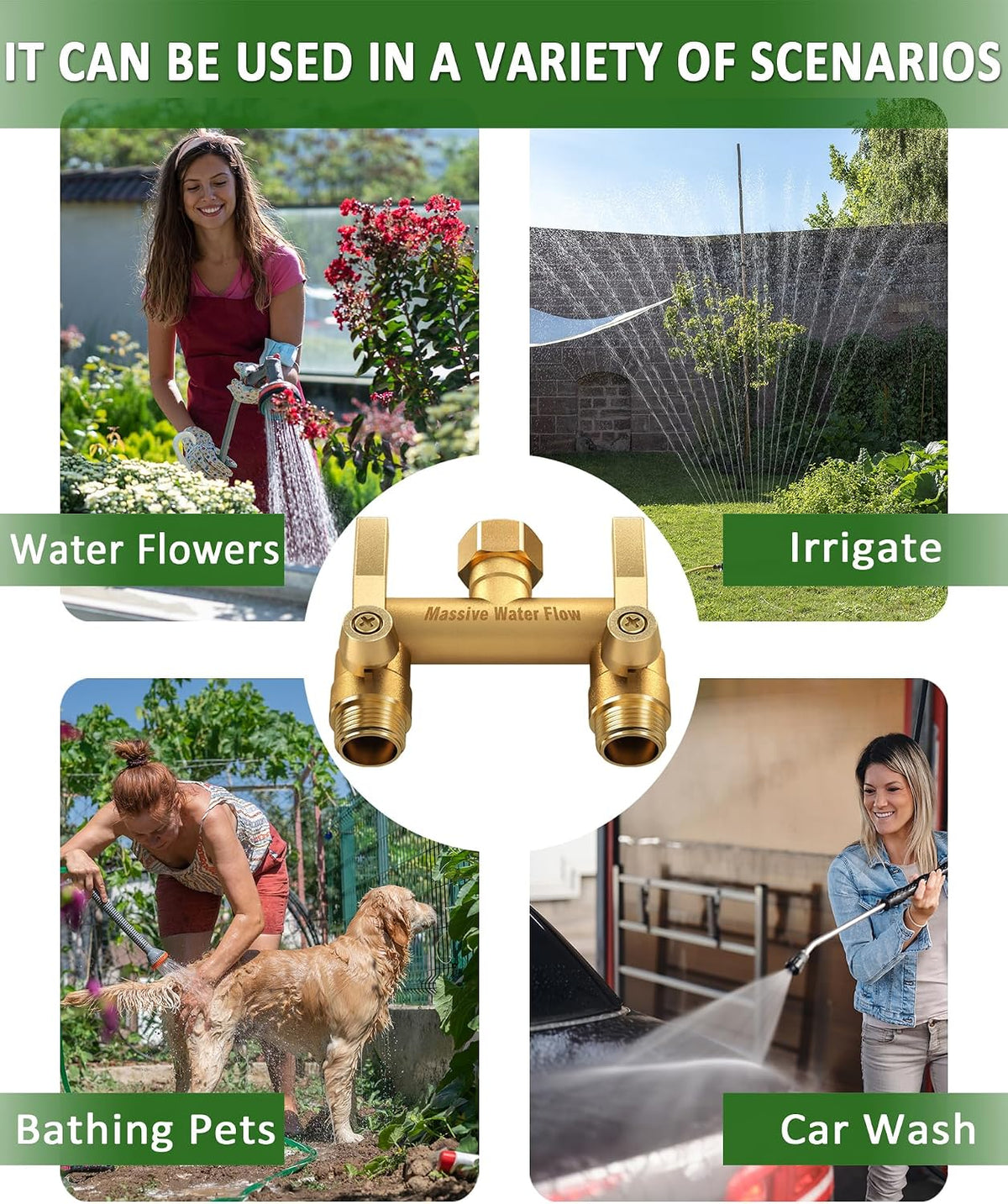 Hose Splitter 2 Way Heavy Duty, Solid Brass Full Flow Outdoor Faucet and Garden Hose Splitters, Water Spigot Splitter T Adapter, All Metal Water Connector with Shut-Off Valve, 3/4 - Inch GHT Thread