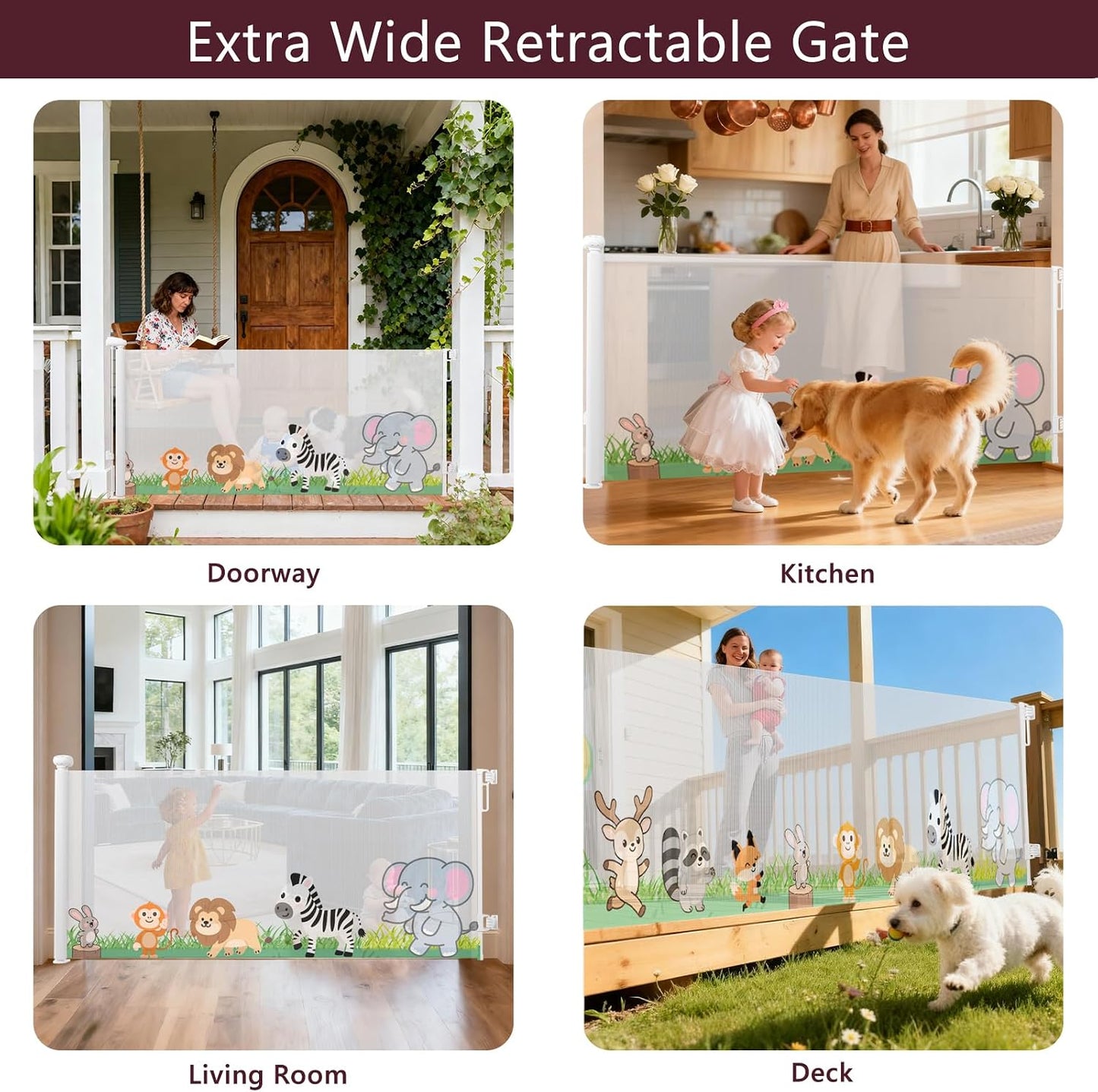 Retractable Baby Gate for Doorways & Stairs, 33" Tall 120" Extra Wide Mesh Safety Fence for Pet, One-Hand Operation Secure Closure Essential Fit for Deck Porch Hallways Patio, Indoor & Outdoor