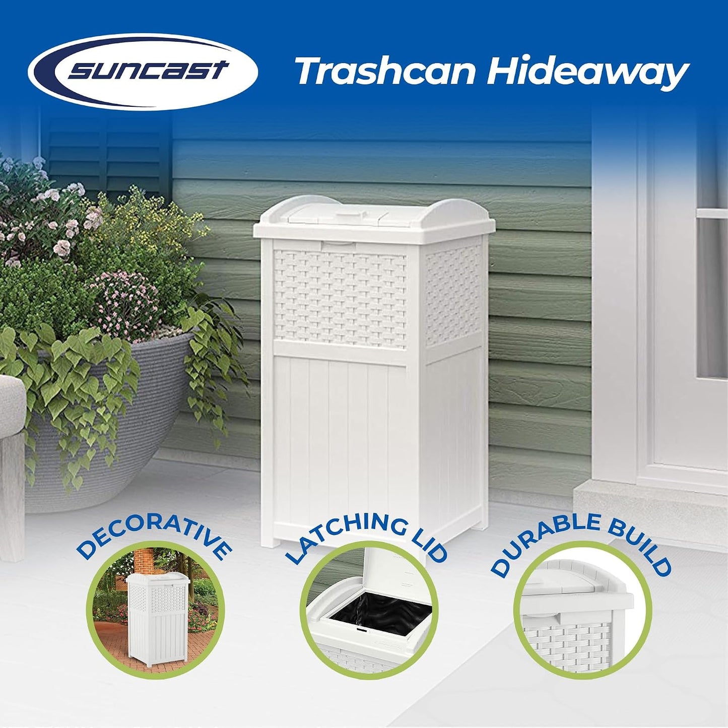 Suncast 33 Gallon Commercial Outdoor Trashcan Hideaway with Lid for 30 to 33 Gallon Trash Bags for Garage, Backyard, or Garden, Brown