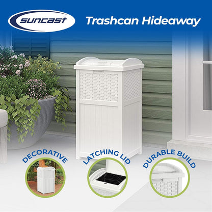 Suncast 33 Gallon Commercial Outdoor Trashcan Hideaway with Lid for 30 to 33 Gallon Trash Bags for Garage, Backyard, or Garden, Brown