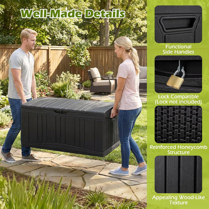 Tangkula 25 Gallon Waterproof Outdoor Storage Box with Lockable Lid | PP Resin, Wicker Patterned, Indoor Outdoor Use, Portable, Versatility, for Deck, Pool, Patio Cushions, Garden Tools