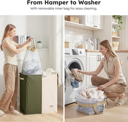SOLEDI Luxury Double Laundry Hamper with Lid and Removable Bags, 38.3 Gal Large Laundry Bin, Laundry Basket 2 Sections, Collapsible Clothes Hamper for Bedroom, Laundry Room, Bathroom, Off-white