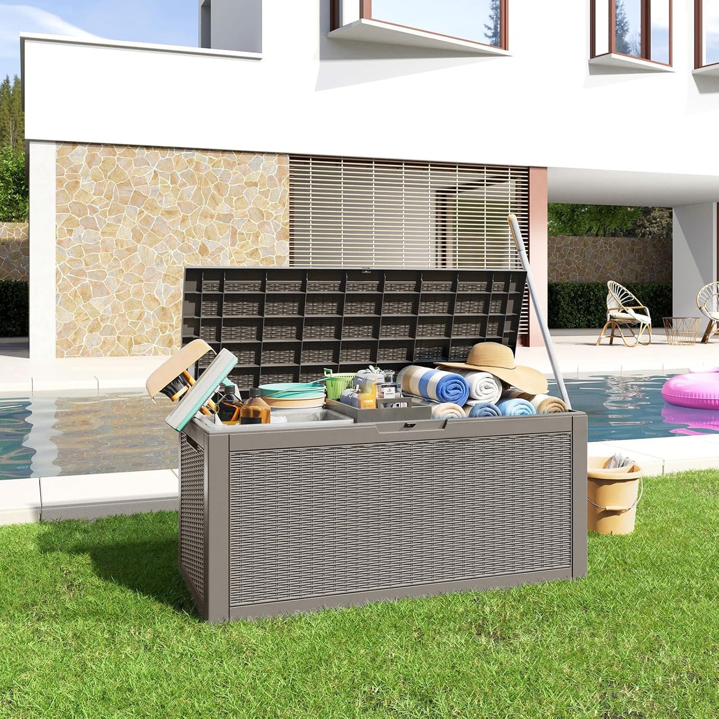 320 Gallon Outdoor Storage Box,Large Waterproof UV Resistant Deck Box,Lockable Storage Container for Patio Furniture Cushions Garden Tools and Pool Accessories(Black)