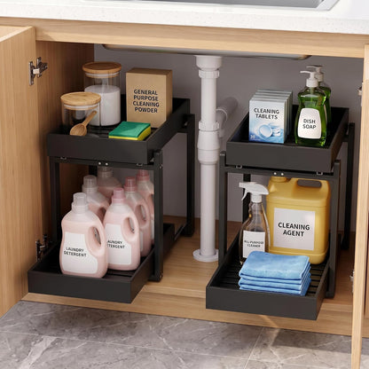 Bamboo Under Sink Organizer and Storage, 2 Pack Pull Out Cabinet Organization, 2 Tier Vertical Slide Out Undersink Storage Shelf, Multi-Purpose Organizer Shelves for Kitchen Bathroom Medicine