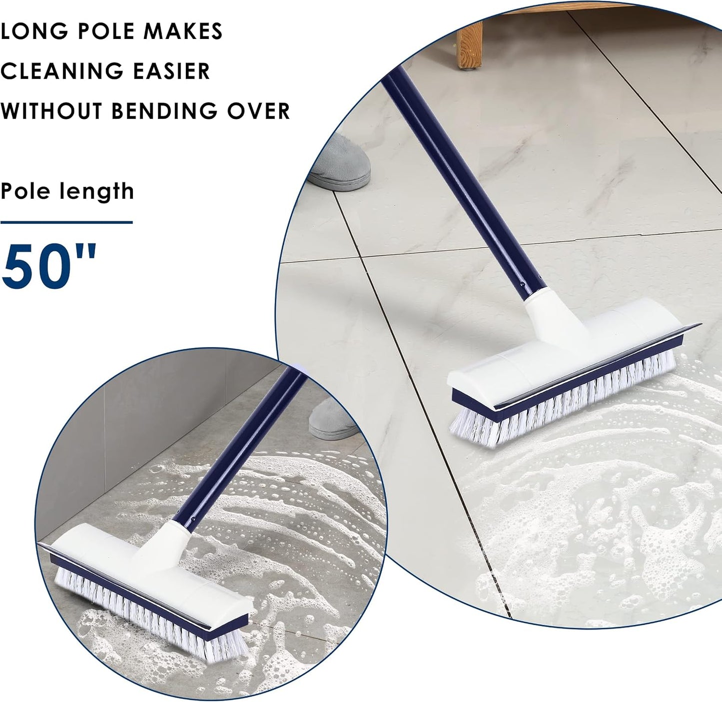 BOOMJOY Floor Scrub Brush with 57" Long Handle, 12" Wide Head, 2 in 1 Scrape and Brush, Stiff Bristle for Cleaning Bathroom, Patio, Kitchen, Tile, Wall and Deck